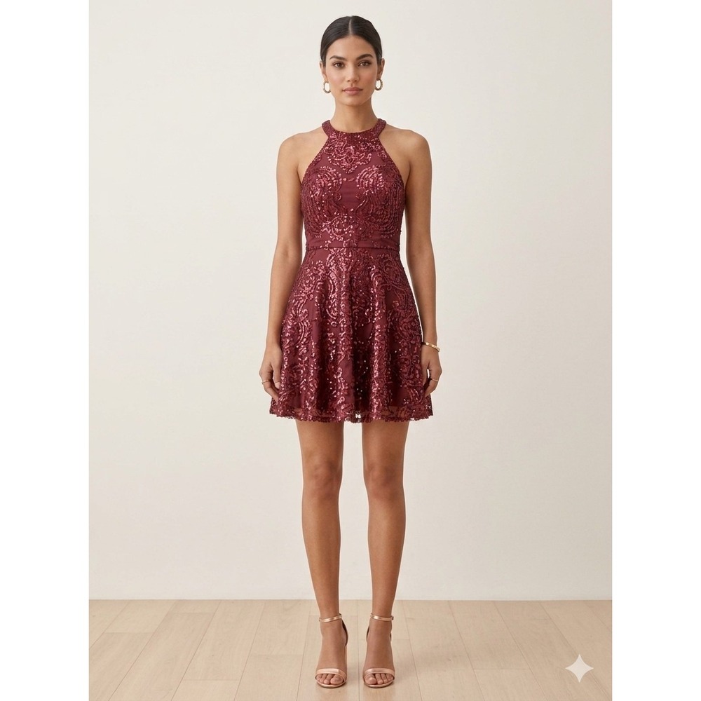 Sequin Hearts Juniors Wine Sequin Sleeveless Halter Neck Dress Size 7 Prom Party